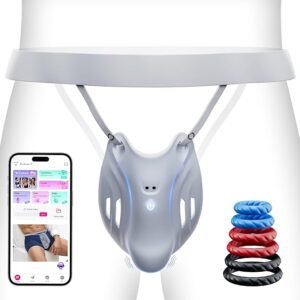 Wearable app-controlled male vibrator with adjustable waistband and 6 silicone cock rings