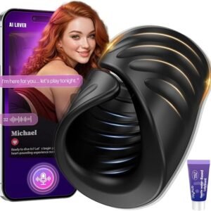 App-controlled adjustable grip vibrating male masturbator with flexible flaps and ribbed silicone tunnel
